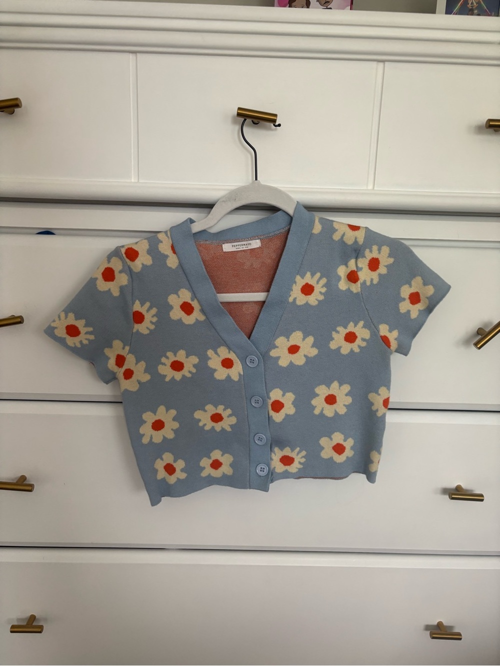 Peppermayo Light Blue Daisy Button-Front Crop Cardigan